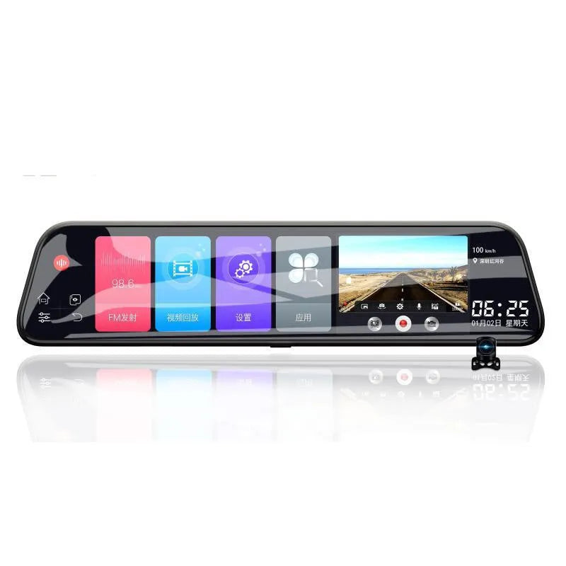 12-inch rearview mirror tachograph with touch screen display showing navigation and dual camera feeds