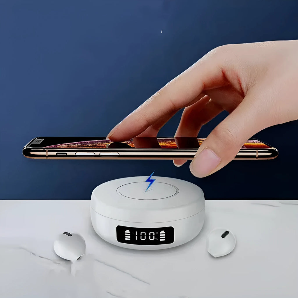 Mini semi-in-ear headphones with wireless charging compartment in black colour