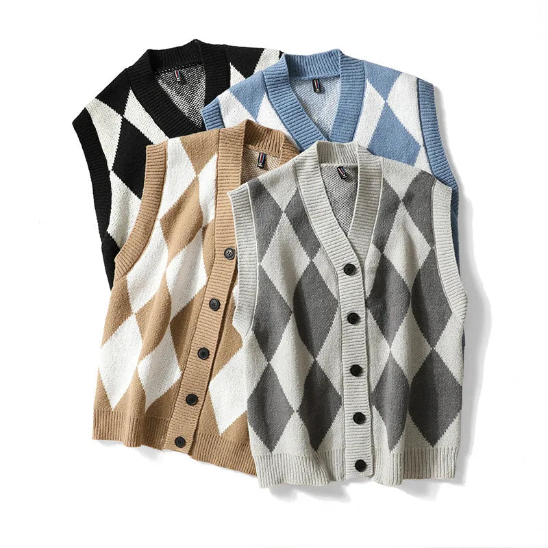 Men's V-neck cardigan sweater vest in solid colour, loose fit, sleeveless, spring autumn leisure wear