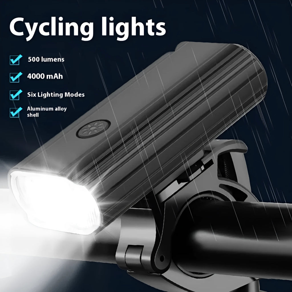 Black bicycle headlight with USB Type-C charging port and aluminium alloy body mounted on handlebars