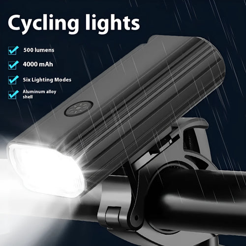 Black bicycle headlight with USB Type-C charging port and aluminium alloy body mounted on handlebars
