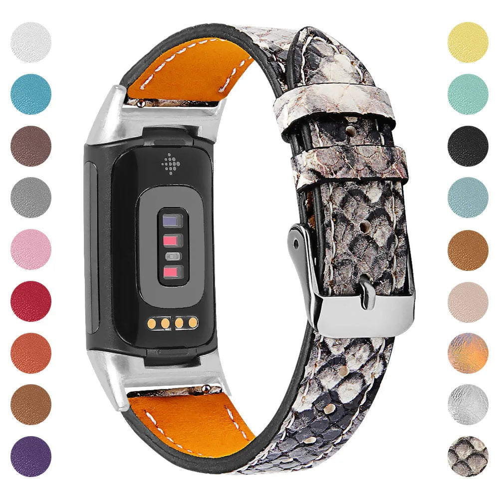 Genuine cowhide leather replacement strap for Fitbit Charge 5 and Charge 6 smartwatches in various colours.
