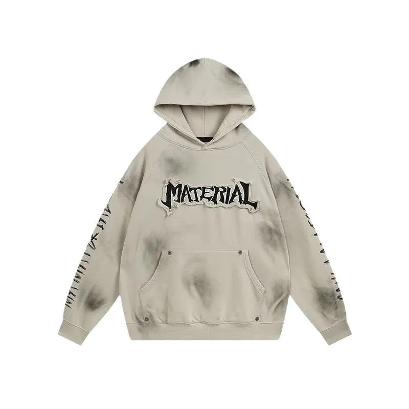 American vintage distressed graffiti hoodie in black loose fit pullover with long sleeves