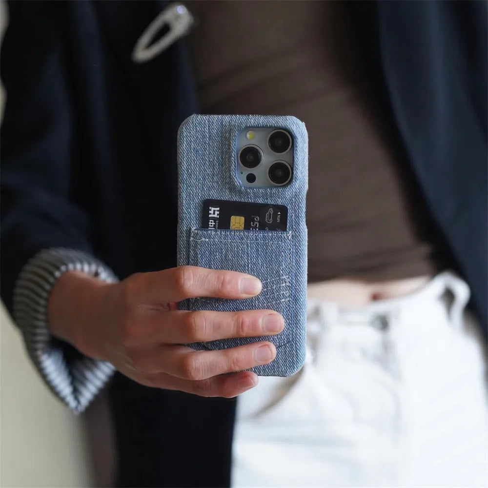 Denim card oil edge TPU phone case with magnetic suction for iPhone, showing animal and rhinestone accents on back