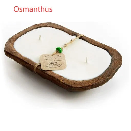 Retro wooden basin containing a soy wax aromatherapy candle with three wicks.