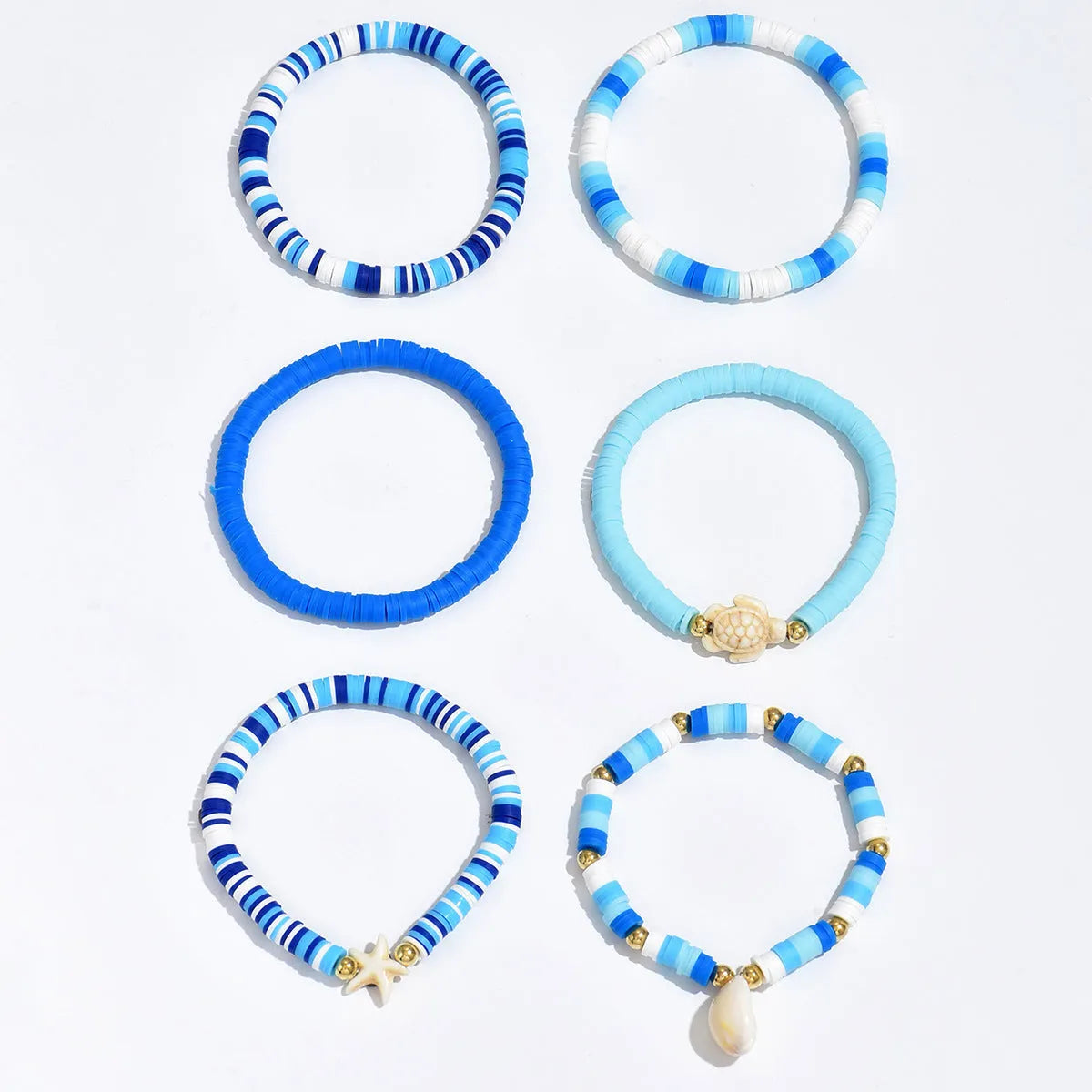 Bohemian blue polymer clay handmade shell bracelet set with geometric beads
