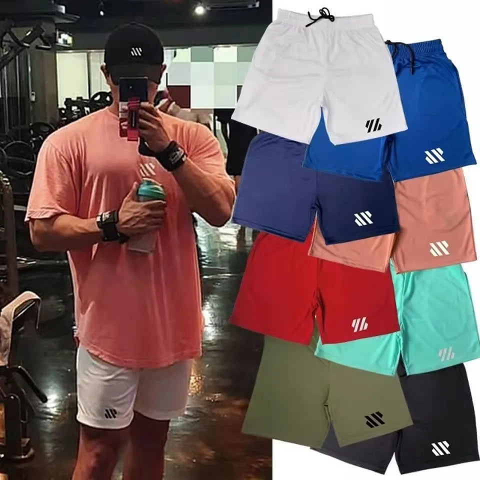 Men's metal silk fabric sports shorts in loose fit for running, shown in army green colour.