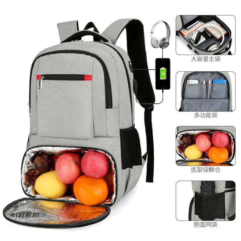 Oxford cloth insulated backpack with curved shoulder straps shown in light grey colour with dry-wet separation compartments visible