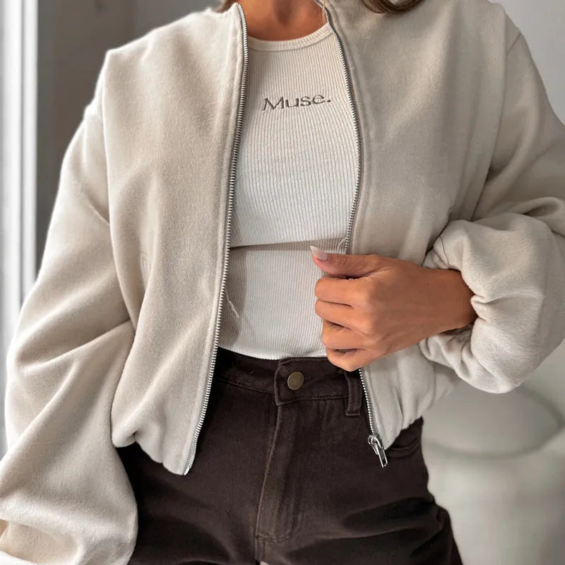 Women's off-shoulder short coat with lantern sleeves in polyester fabric