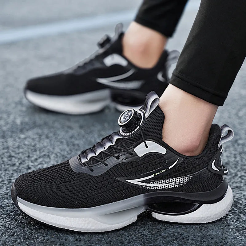 Men's white low-top running shoes with a rotating buckle fastener and breathable mesh upper.