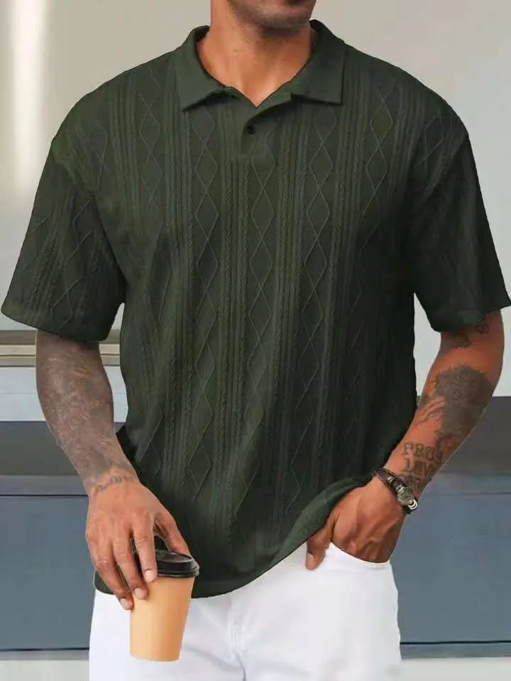 Men's loose fit short sleeve T-shirt with a retro button lapel on the collar, in a khaki cotton blend knit.