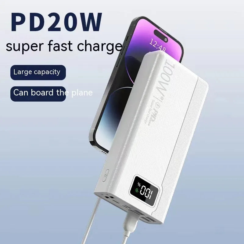 Large capacity power bank in black or white colour with plastic shell, showing front view with dimensions