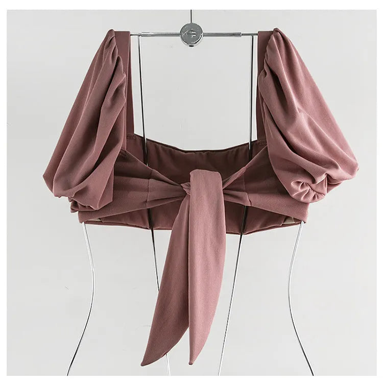 Women's bubble sleeve lace-up bow bikini split swimsuit in picture colour with nylon and spandex material