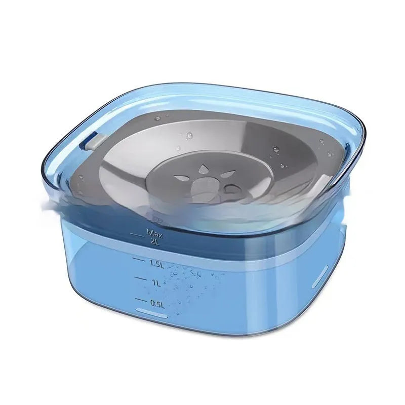 Transparent plastic pet water bowl with floating disc showing water level and non-slip base
