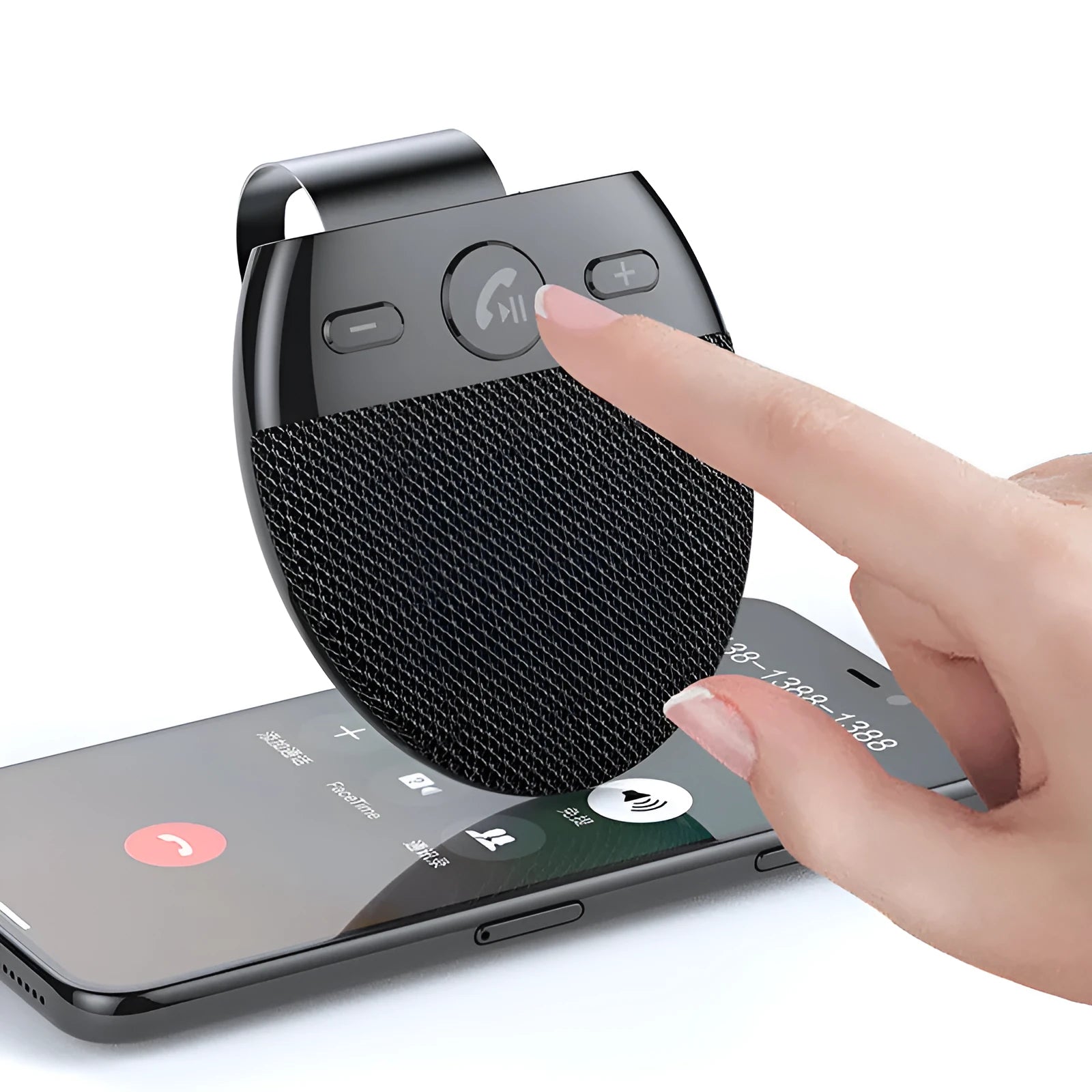 Black Bluetooth car handsfree with sunshade clip and voice control for hands free calling