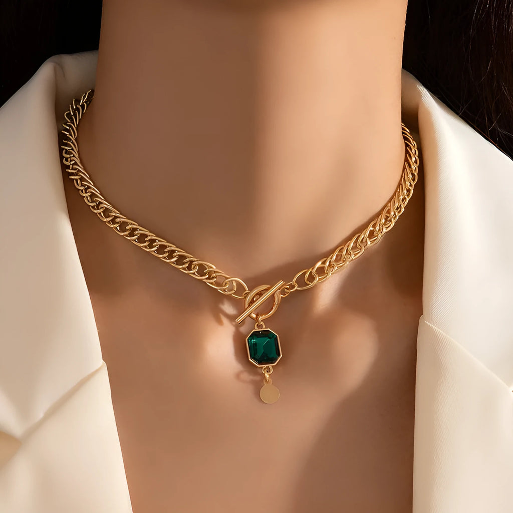 French retro style necklace with geometric zircon pendant on gold electroplated titanium steel chain