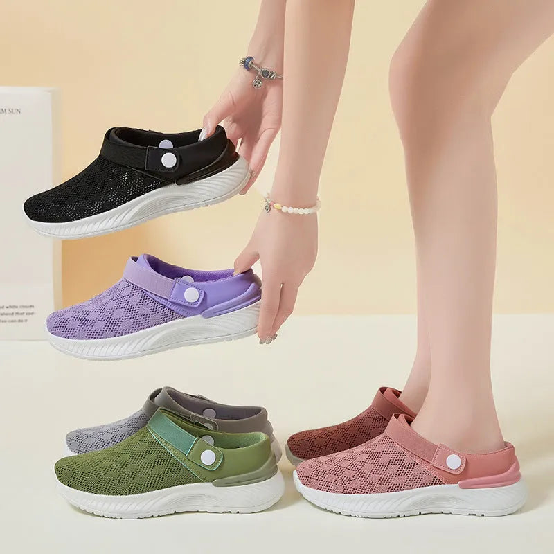 Women's breathable mesh sandals one-step slip-on round toe half-slip design with PVC sole