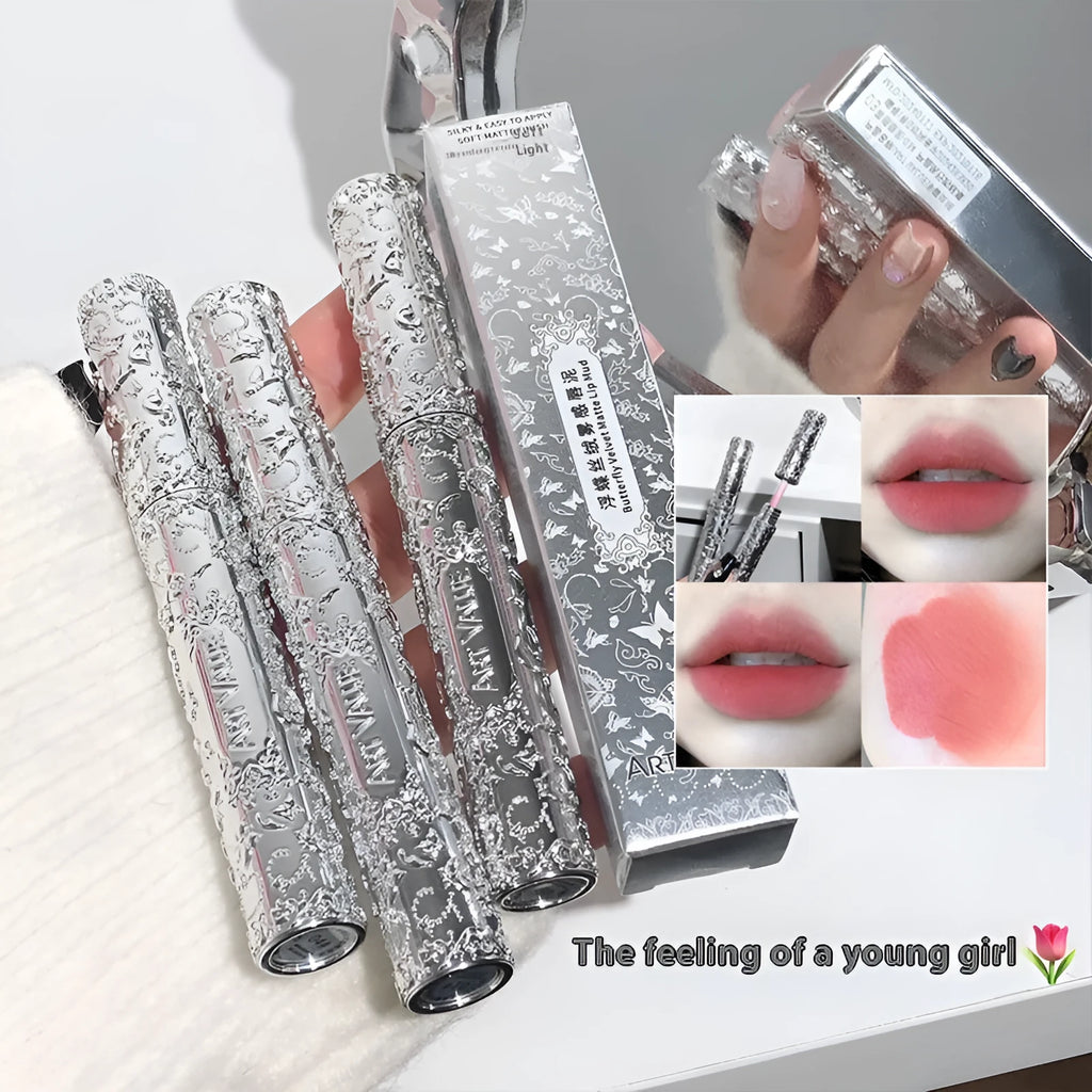 White matte case Velvet Mist Lip Mud Lipstick showing six colour shades