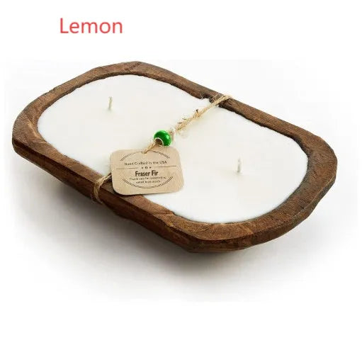 Retro wooden basin containing a soy wax aromatherapy candle with three wicks.