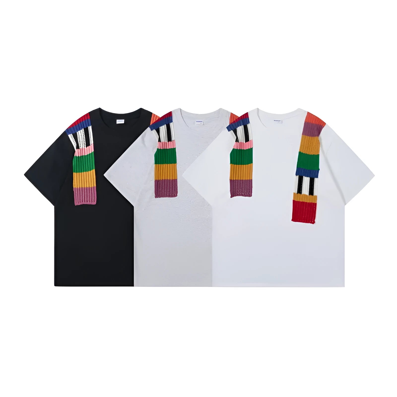 Cotton colour contrast patchwork round neck loose short sleeve pullover top with letter pattern in three colours