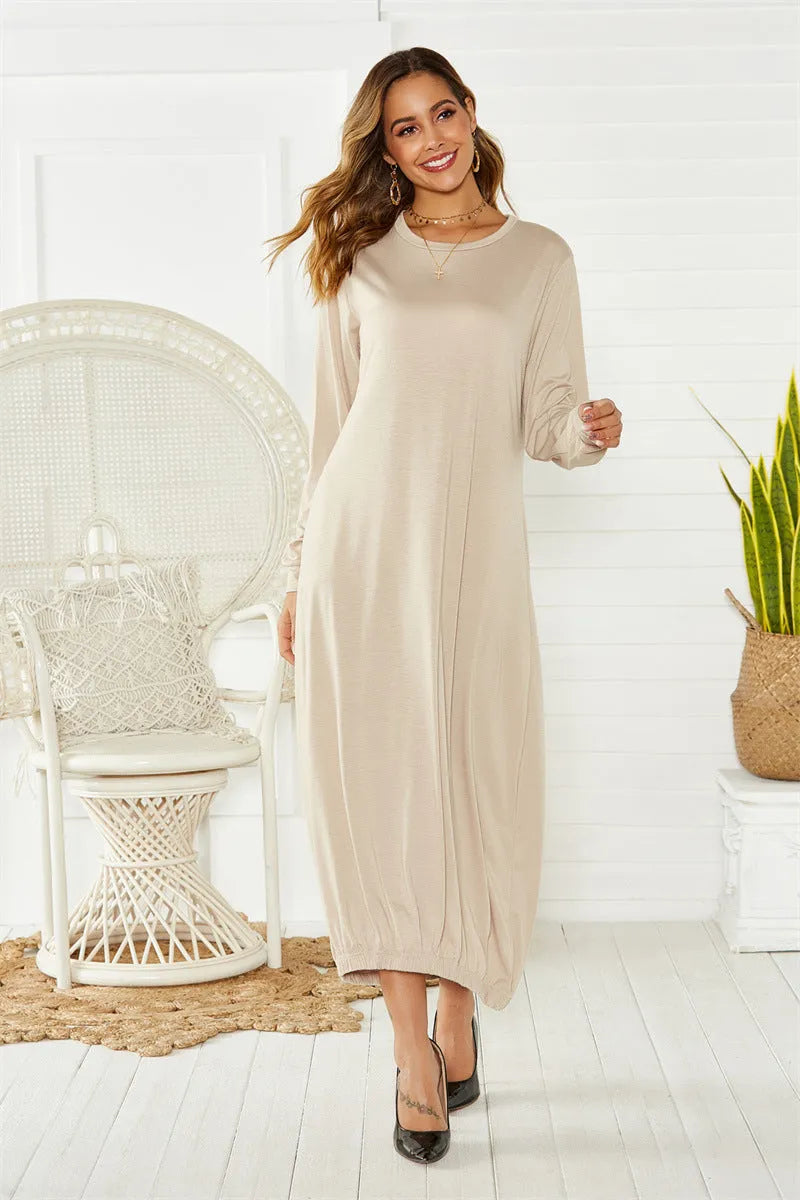 Black loose lantern dress with lace-up crew neck, polyester knit fabric, Japanese Korean casual style