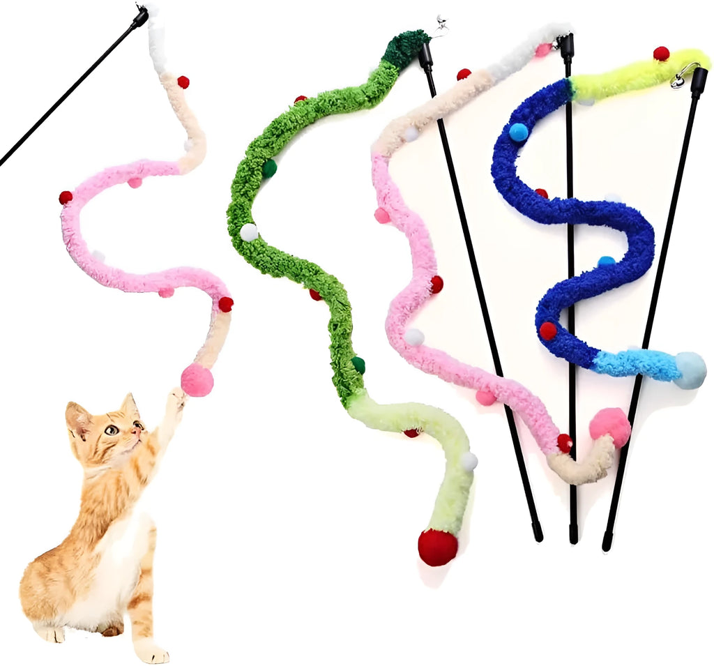Blue green and pink plush strip cat teaser wand with bell on a 41cm pole