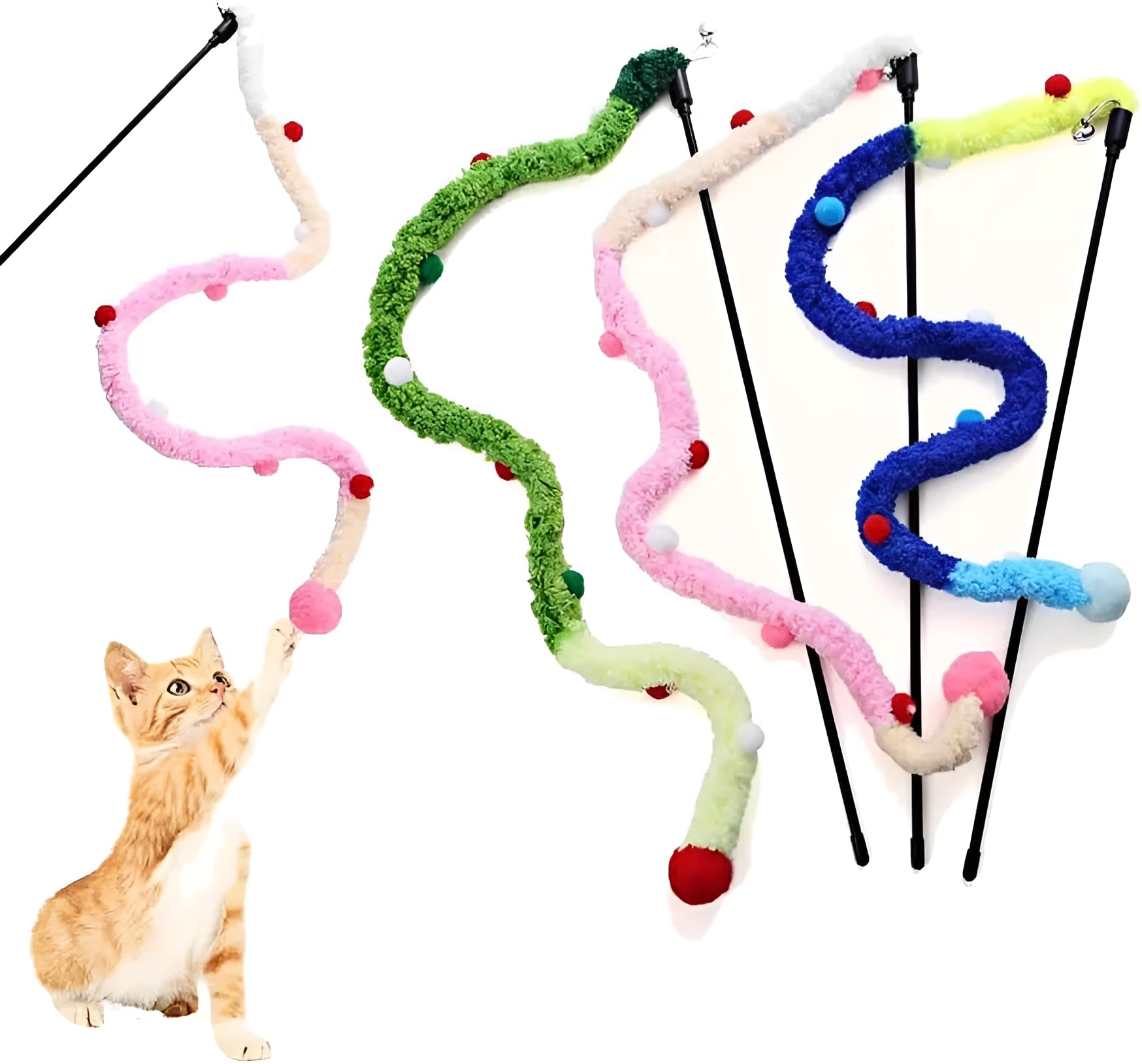 Blue green and pink plush strip cat teaser wand with bell on a 41cm pole
