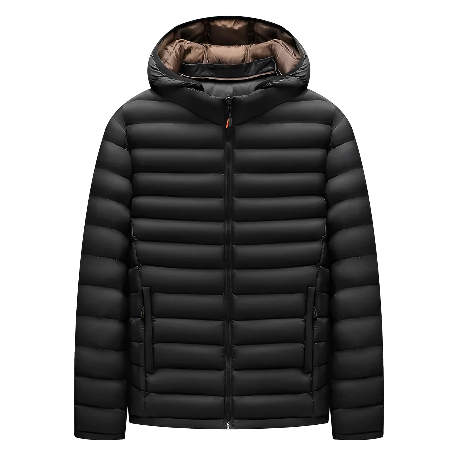 Men's lightweight solid-colour hooded down jacket with a detachable collar and zipper pockets.