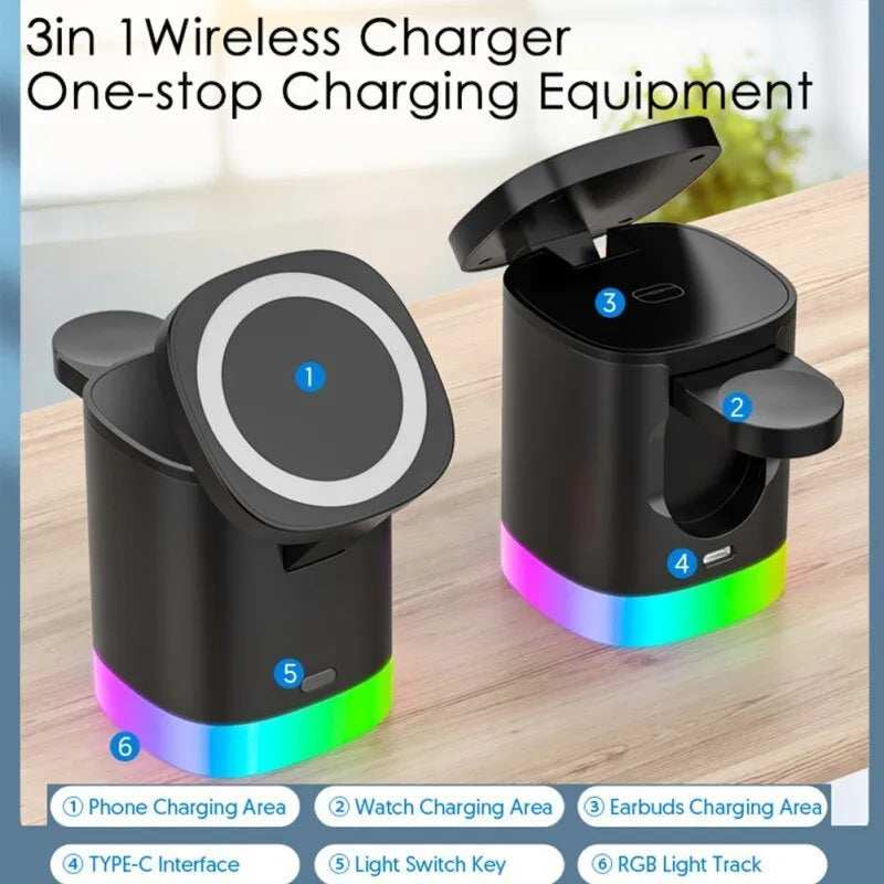 Black foldable 3-in-1 magnetic wireless charging station showing phone, watch and earbuds charging with RGB light on.