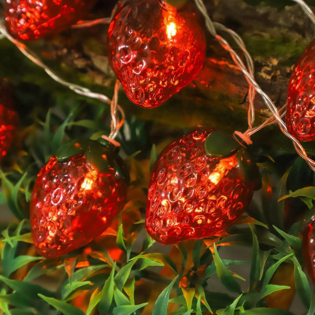 Strawberry LED fairy lights in warm colour on a outdoor string with IP66 protection