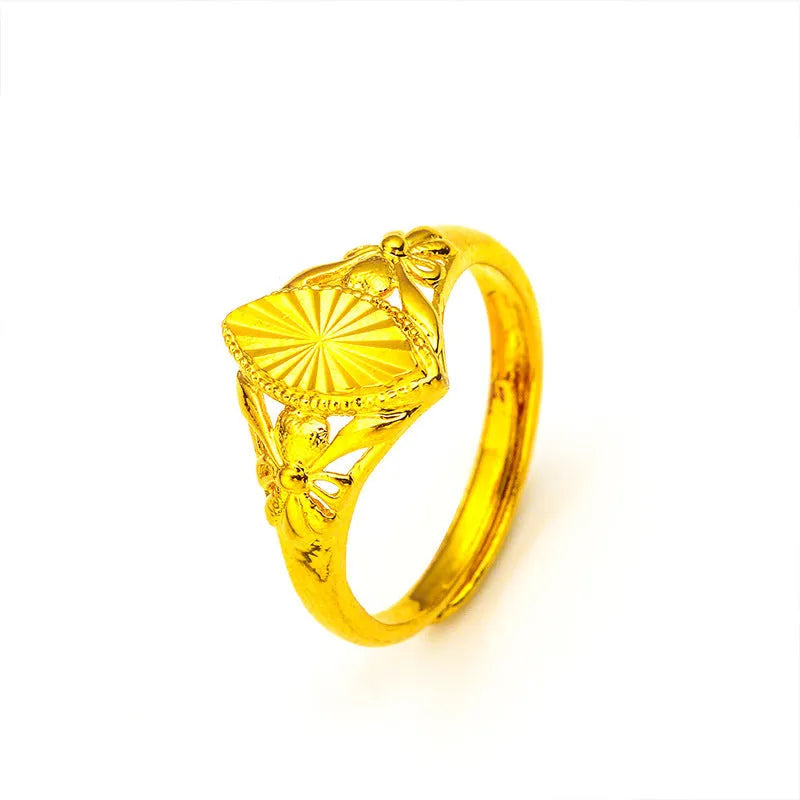 Alluvial gold girls open diamond flower ring with geometric brass construction and textured surface details