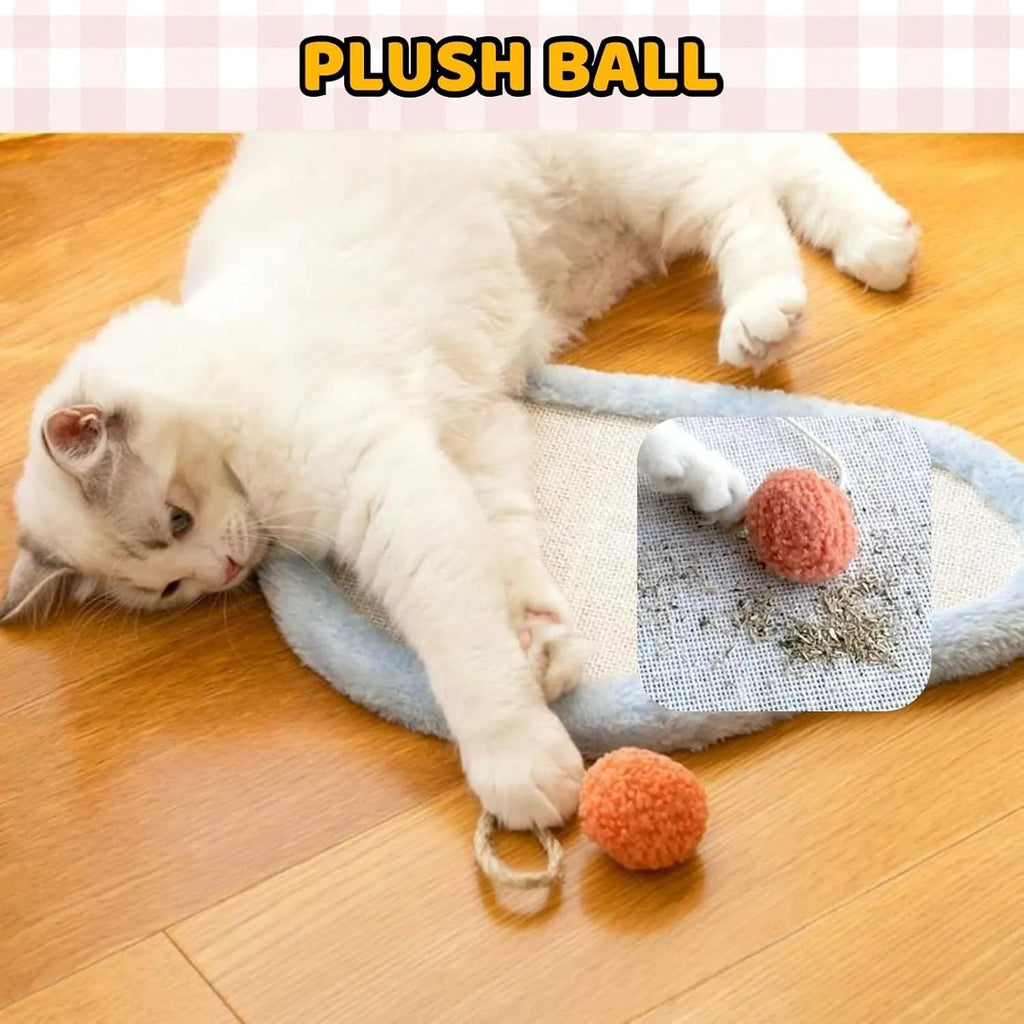 White cat scratching mat with cartoon sleeping cat design, made from natural sisal, shown on a wall.