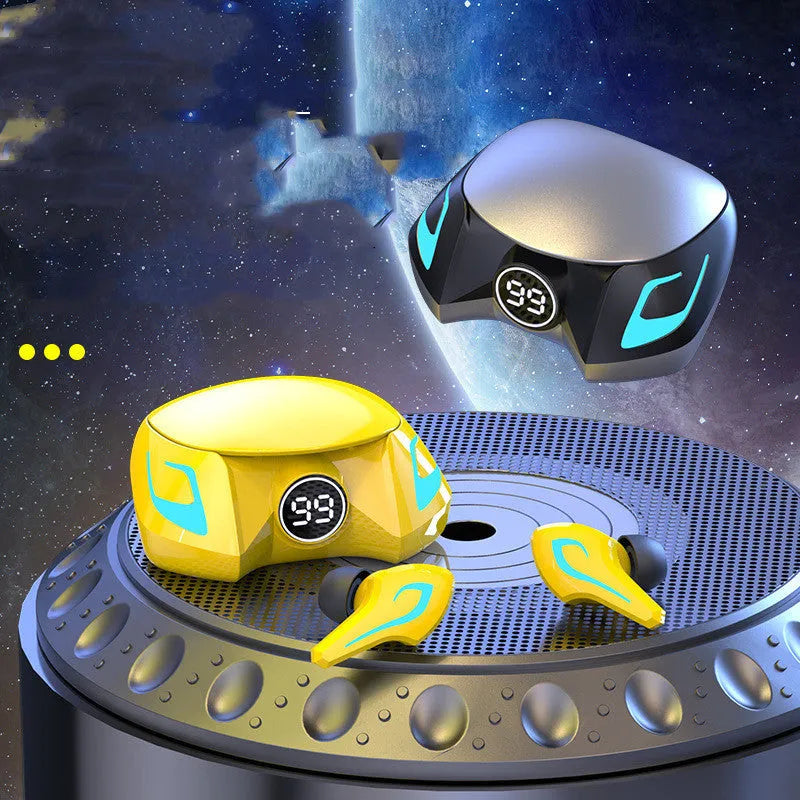 Black grey, yellow, and cool black coloured Bluetooth gaming earplug headset with bilateral design.