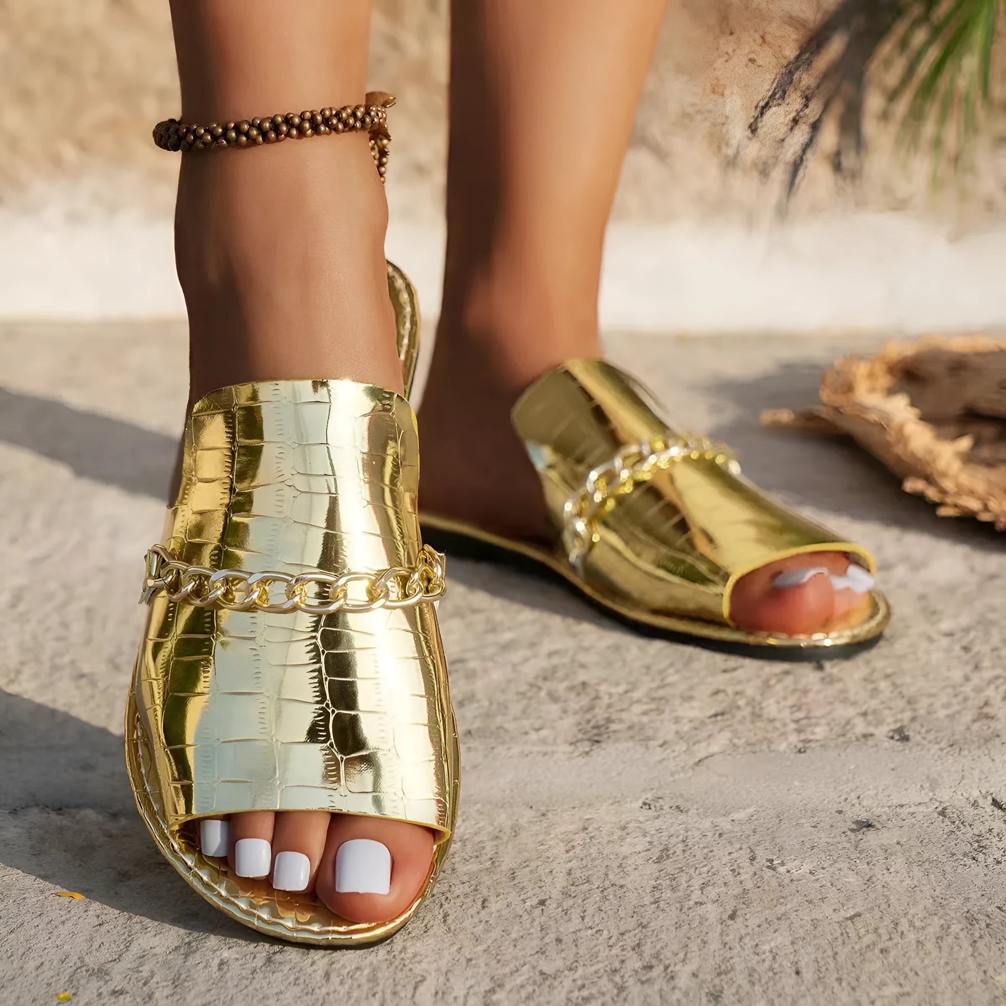 Pattern chains sandals women flat fish mouth slides summer casual beach slippers with artificial PU upper rubber sole