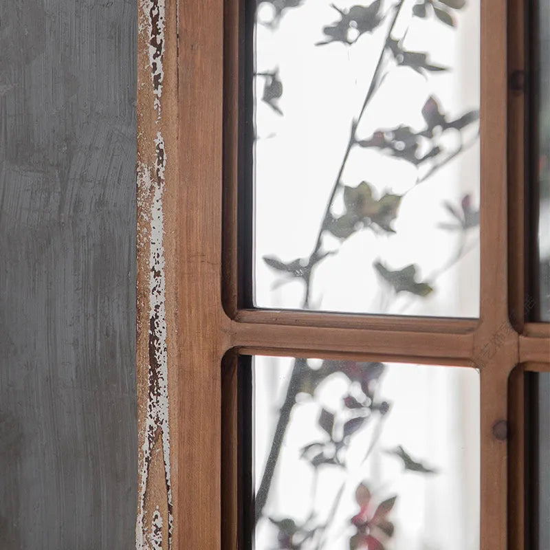 Terrace Distressed fake window wall mirror in log colour with wooden frame