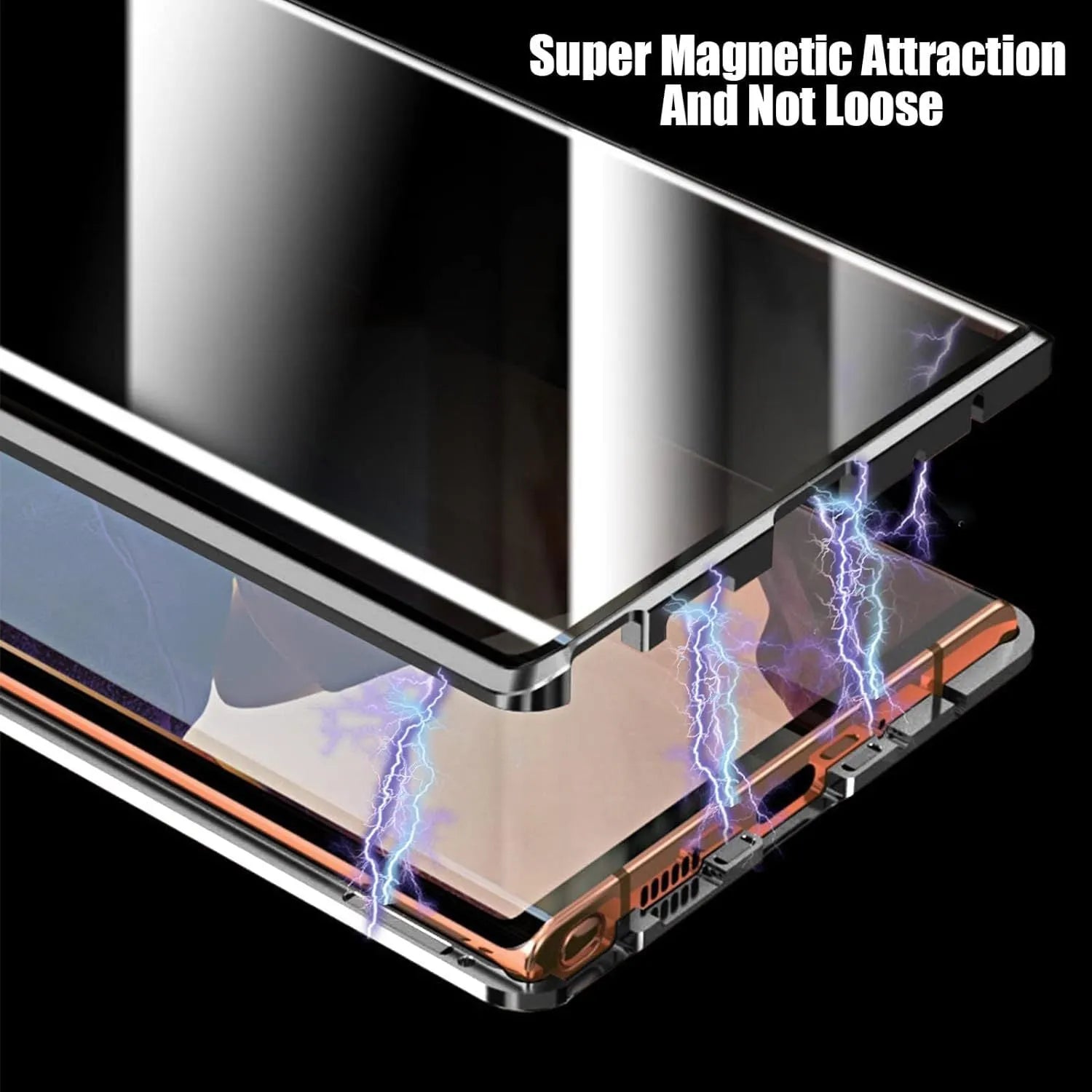 Peep-proof phone case with double-sided glass and aluminium alloy frame in black, showing rear camera cutout and magnetic set