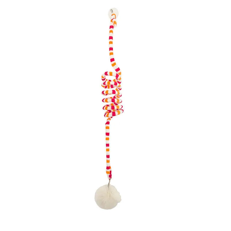 Colourful spring-mounted cat toy with an inflatable ball and bell, shown with a suction cup for hanging.