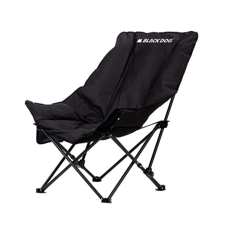 Black Oxford cloth folding moon chair with thickened seat cushion in folded position