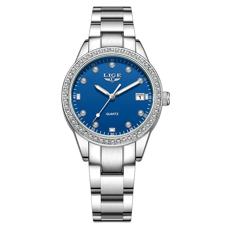 Women's silver fashion watch with diamond markers and luminous hands on stainless steel bracelet