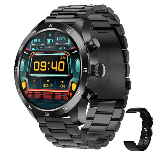 Black Bluetooth smart watch for Apple iOS with a steel strap, showing call and health monitoring functions on its display.