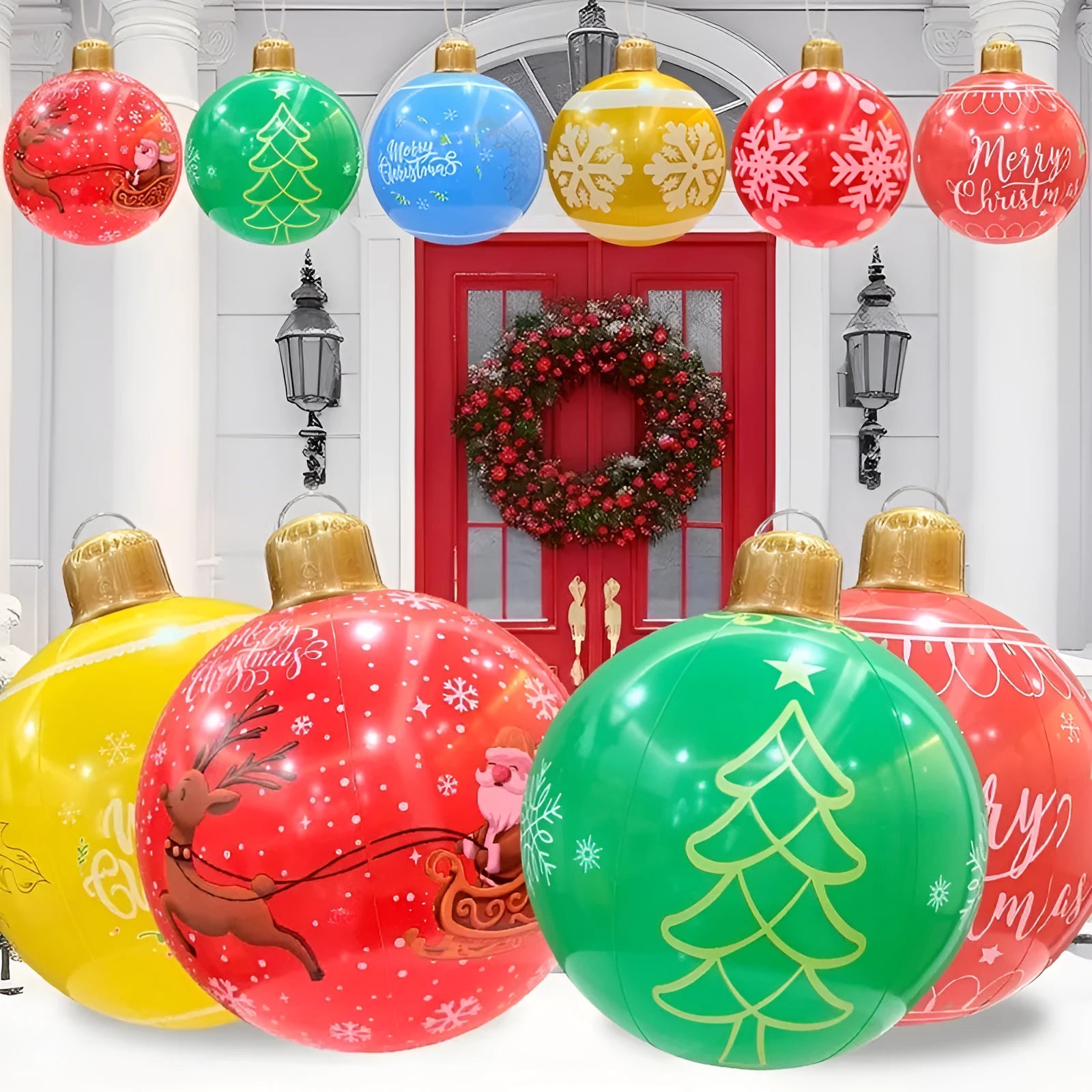 Large red inflatable Christmas ball with flashing lights displayed on a winter garden lawn.