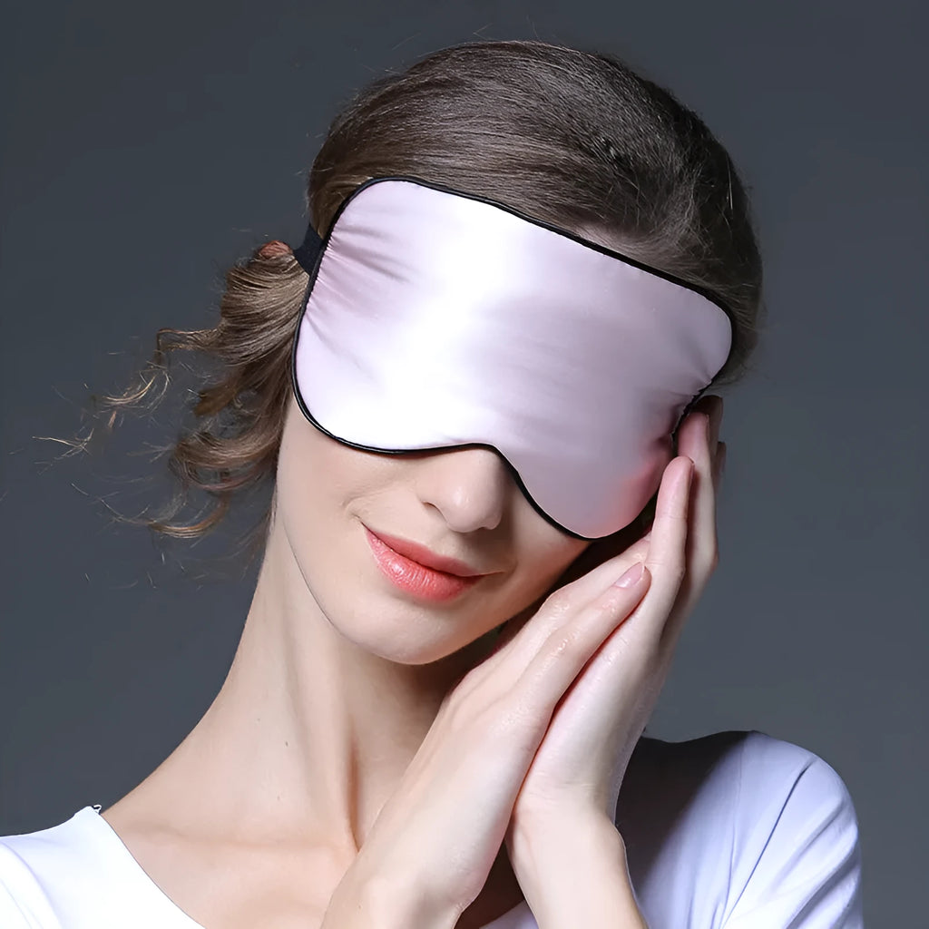 Double-sided mulberry silk eye mask in black with embroidered design, 22x11cm shaded view
