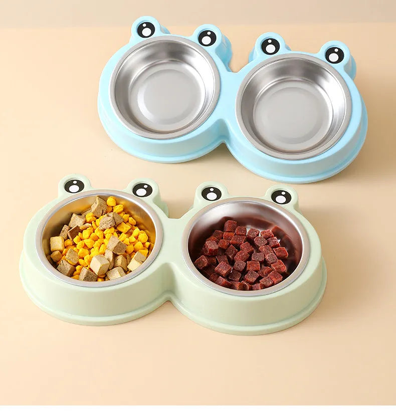 Stainless steel double pet bowl for food and water with a coloured silicone anti-slip base.