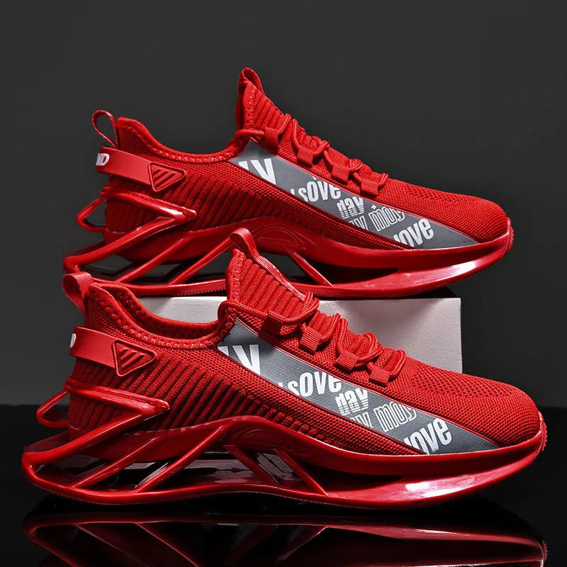 Men's casual exercise shoes with fly woven mesh upper in black, red, white, or blue