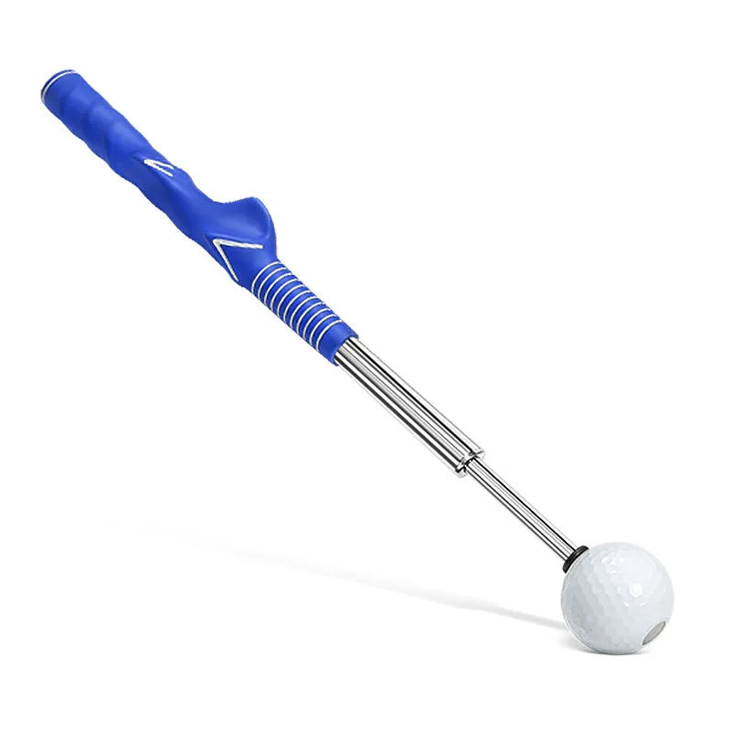 Telescopic golf swing simulator in stainless steel construction showing adjustable design
