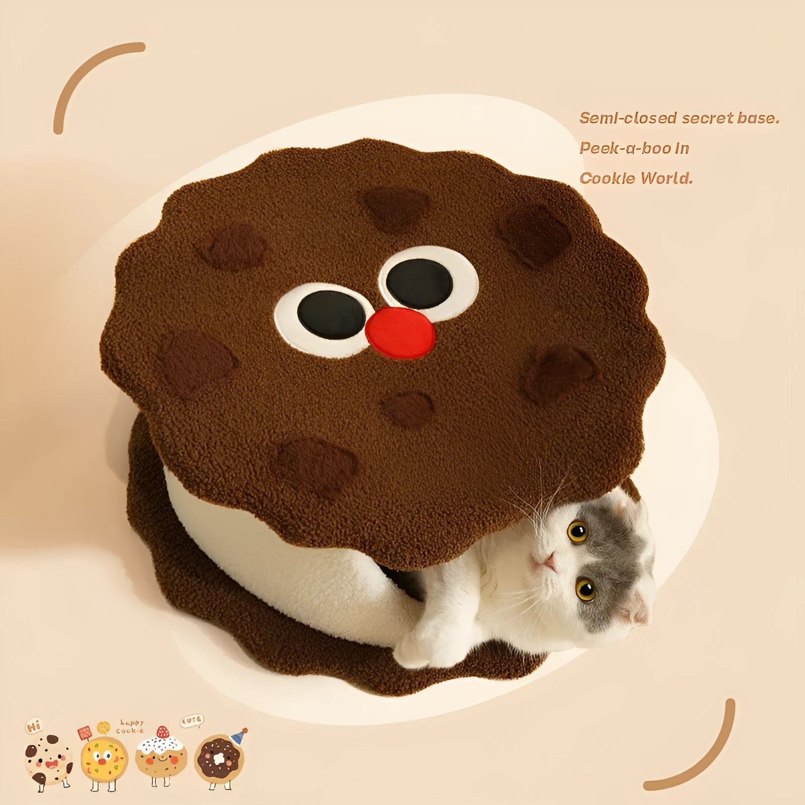 Khaki coloured enclosed cat nest shaped like a sandwich cookie for cold weather sleeping.