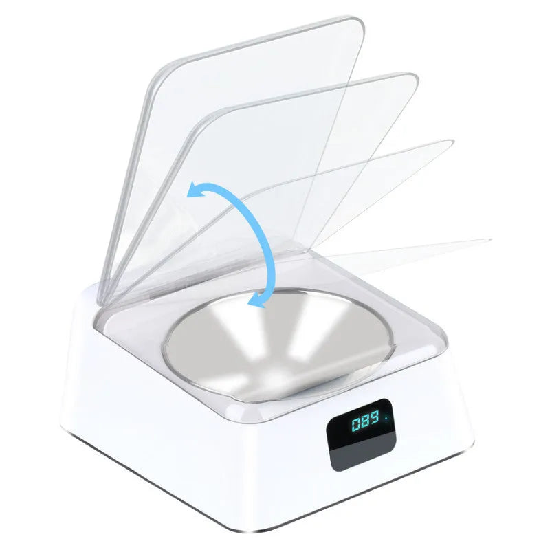 Pet 5G Bowl automatic pet feeder in white on a counter, 210x170x92mm compact size