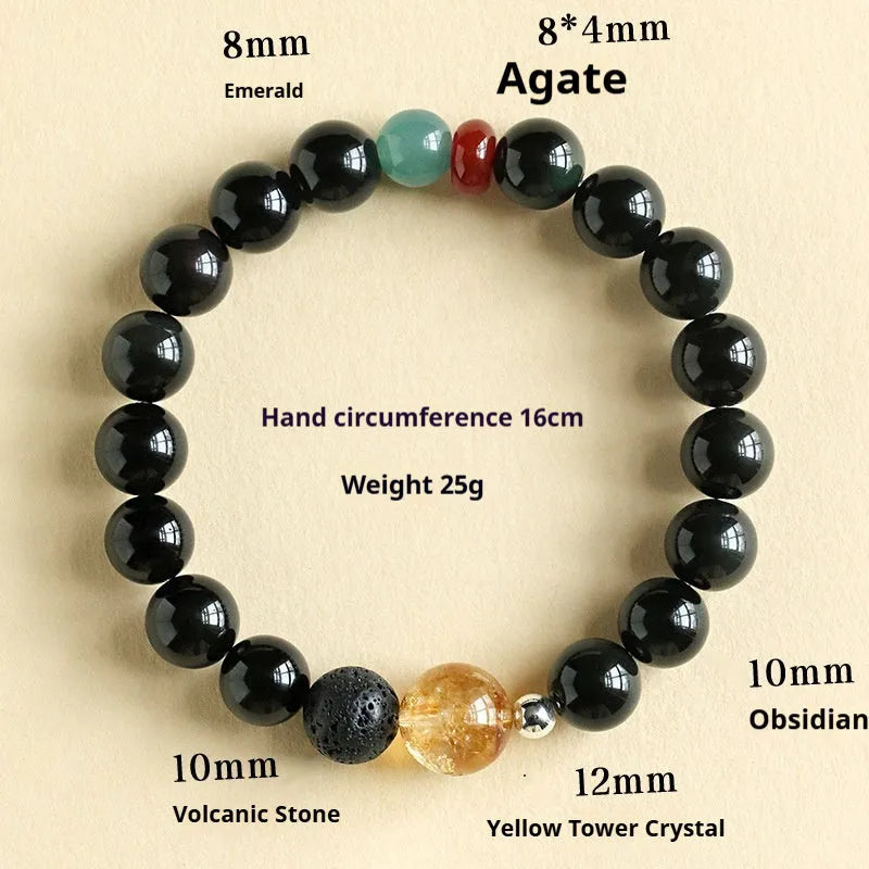 Chinese style couple bracelet with obsidian and agate jade beads in 8mm and 10mm size options.