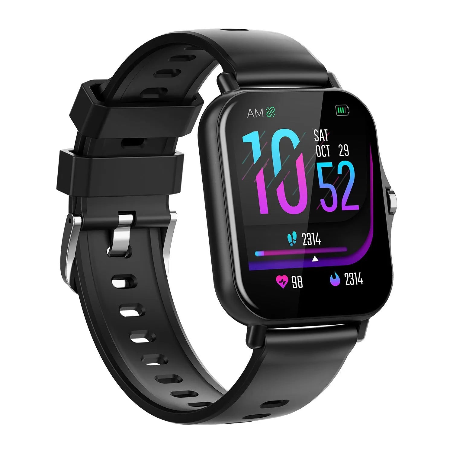 Bluetooth smart watch with heart rate and blood pressure monitoring on wrist, showing 1.75-inch curved touch screen
