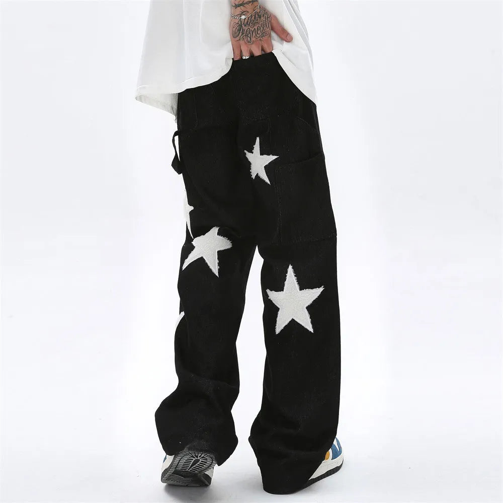 Men's five pointed star flocked embroidered straight tube jeans in black denim